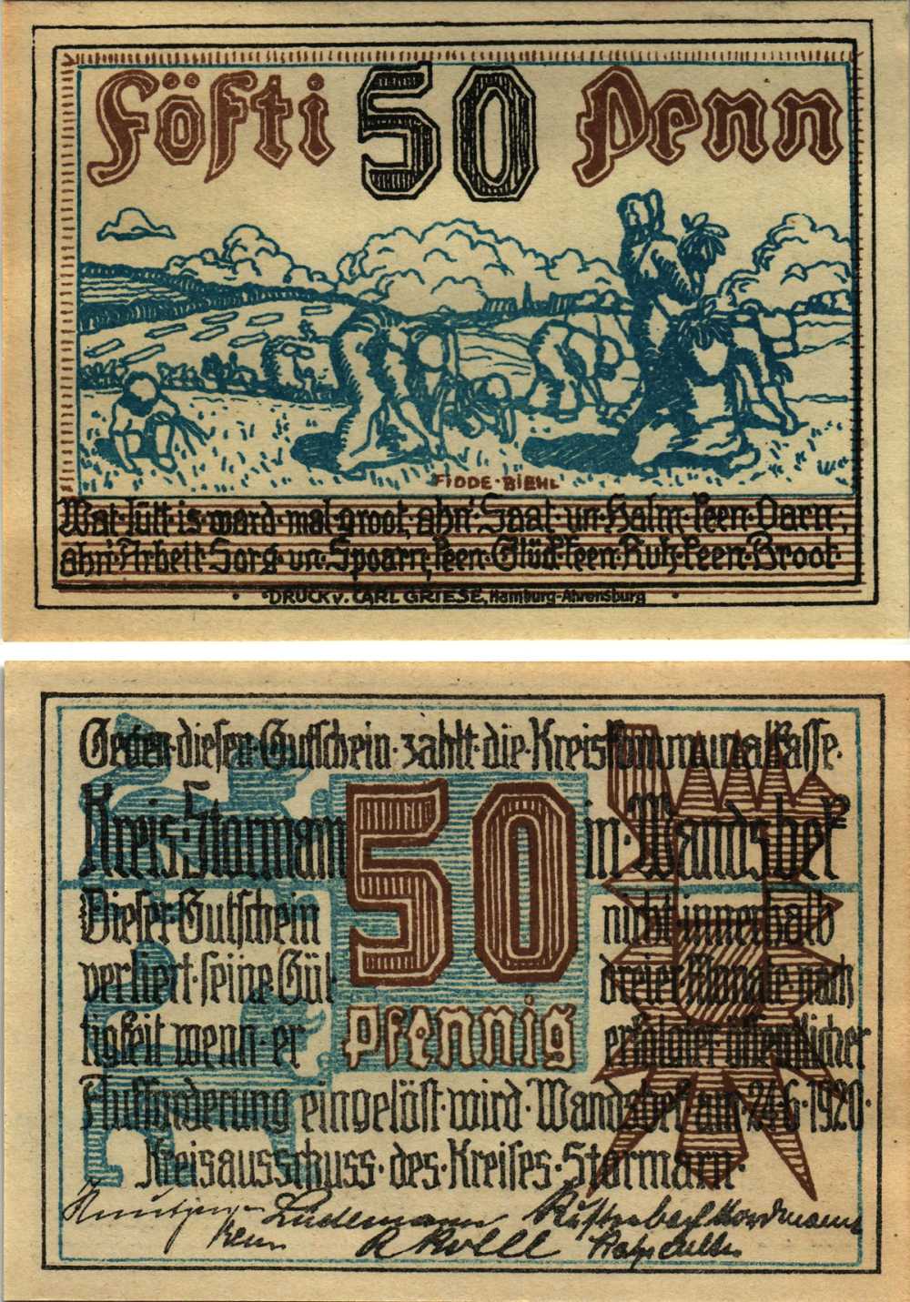 ШТОРМАРН 50 ПФЕННИГОВ 1920 НОТГЕЛЬД, 24 ИЮНЯ 1920, ЗЕМЛЯ ШЛЕЗВИГ-ГОЛЬШТЕЙН Grabowski S115.1 бумага 8608-14-3-1