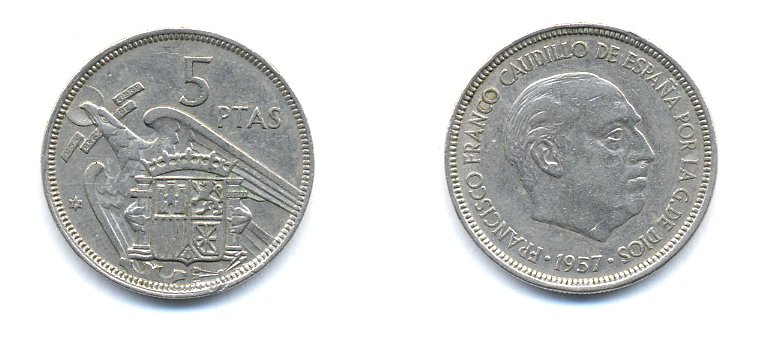 Испания 5 песет 1957 (75) Франциско Франко (1939-1975) KM 786 медно-никель 54-1616