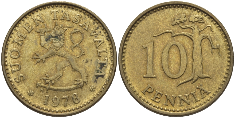 ФИНЛЯНДИЯ 10 ПЕННИ 1978 К KM 46 алюминиевая бронза 100-213