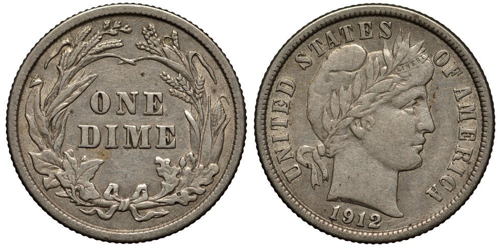 США 10 центов (дайм) 1912 тип Барбер (Barber) KM 113 серебро 272-1143