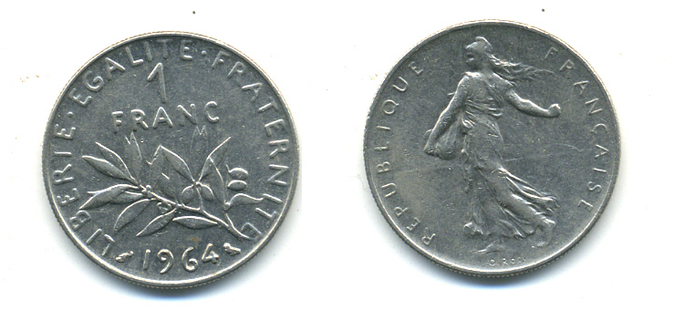 Франция 1 франк 1964 сеятель KM 925.1, Le Franc 226.8 никель 86-1813