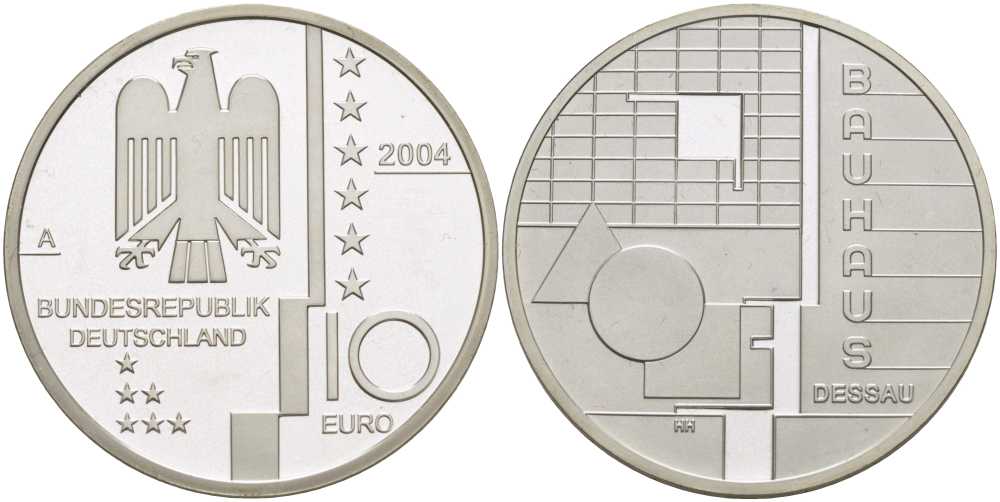 ФРГ 10 евро 2004 A, Баухауз в Дессау, геометрия KM 230, DE.S 10.13 серебро PROOF 413-6314