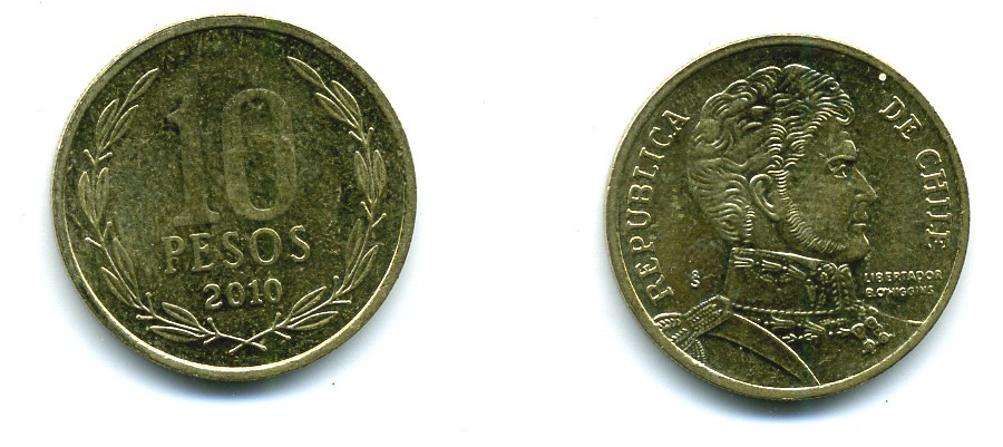 ЧИЛИ 10 ПЕСО 2010 ГЕНЕРАЛ БЕРНАРДО О ХИГГИНС KM 228.2 никель-бронза 37-944