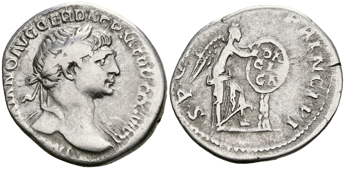 Римская Империя денарий 112 - 114 Траян SPQR OPTIMO PRINCIPI Виктория, пишущая на щите DACICA Рим Very fine RIC 286 серебро 1073-4-2-3