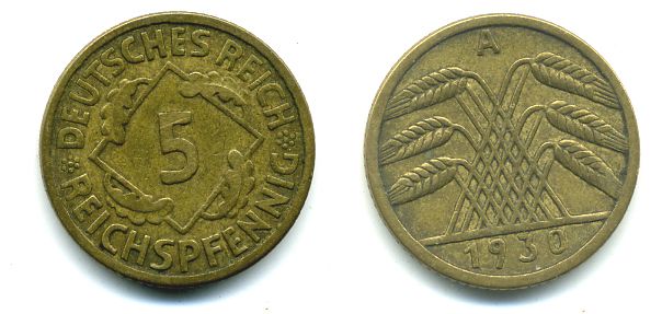 ГЕРМАНИЯ 5 РЕЙХСПФЕННИГОВ 1930 A, KM 39, J. 316 алюминиевая бронза 46-2332