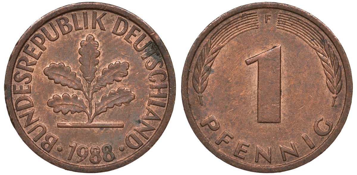 ФРГ 1 пфенниг 1988 F KM 105 сталь плакированная медью 4124-567