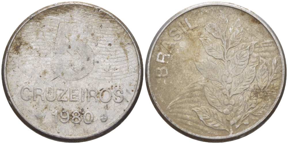 БРАЗИЛИЯ 5 КРУЗЕЙРО 1980 РЕФОРМА 1967-1985, КОФЕ KM 591 нержавеющая сталь 51-2314