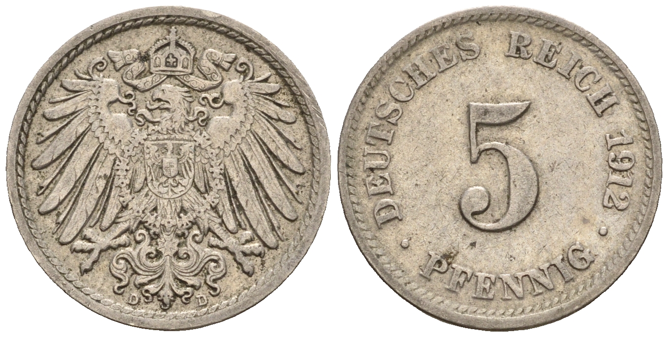 Германия 5 пфеннигов 1912 D, KM 11, J. 12 медно-никель 220-644