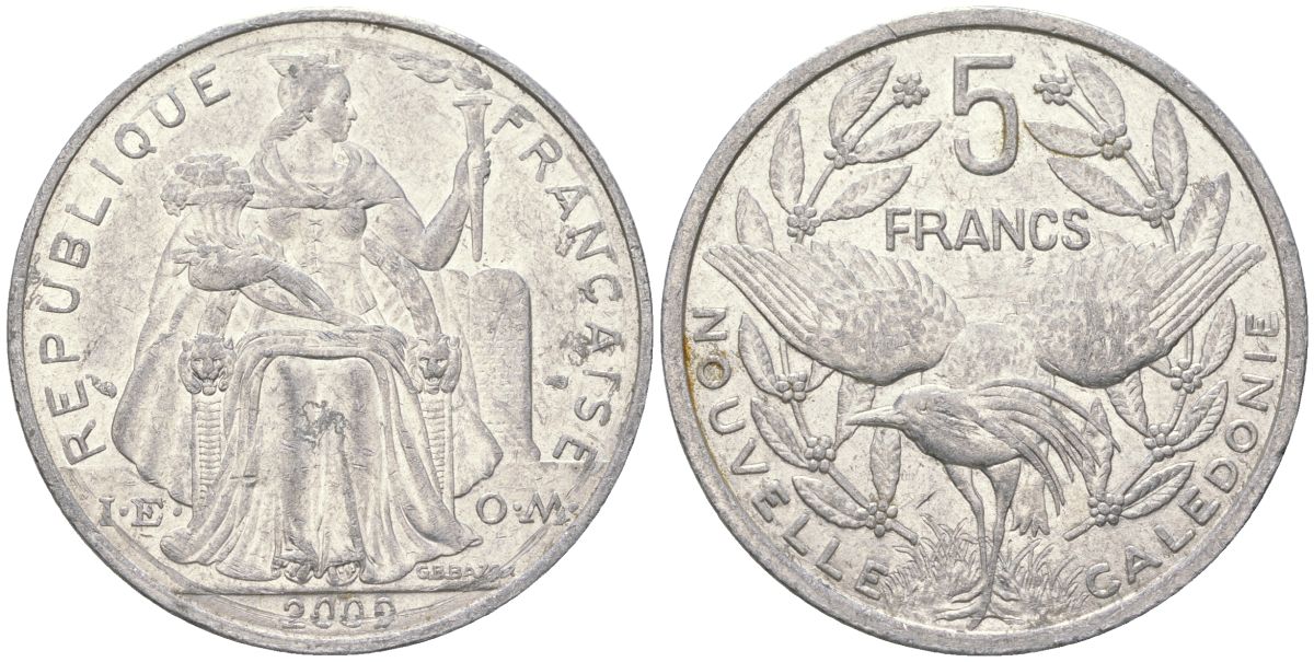 Французская Новая Каледония 5 франков 2009 птица кагу, (IEOM) KM 16, Schoen 12, Lec 81k алюминий 4111-244