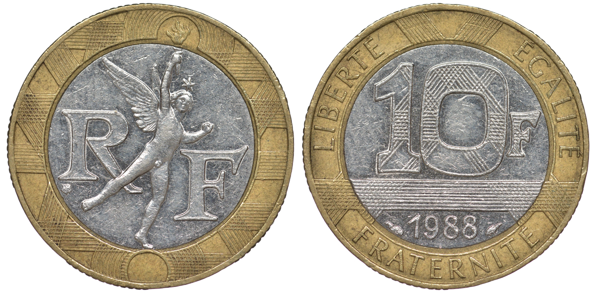 Франция 10 франков 1988 тип гений Бастилии KM 964.1, Le Franc 375.2 биметалл 45-514