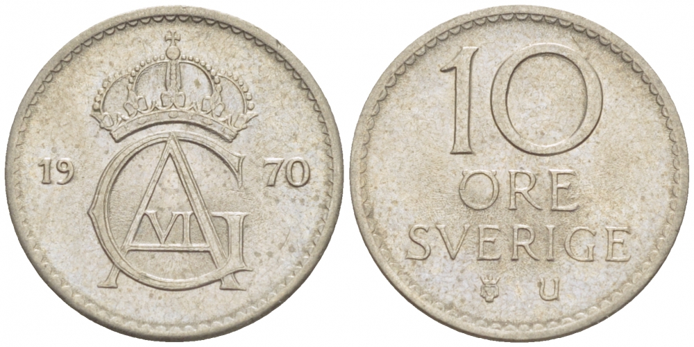 Швеция 10 эре 1970 U Густав VI Адольф (1950-1973) KM 835 медно-никель 112-1137