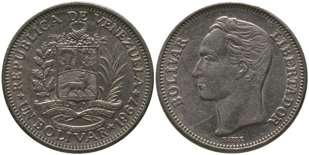 Венесуэла 1 боливар 1967 Симон Боливар KM 42, Schon 52 никель 4525-934