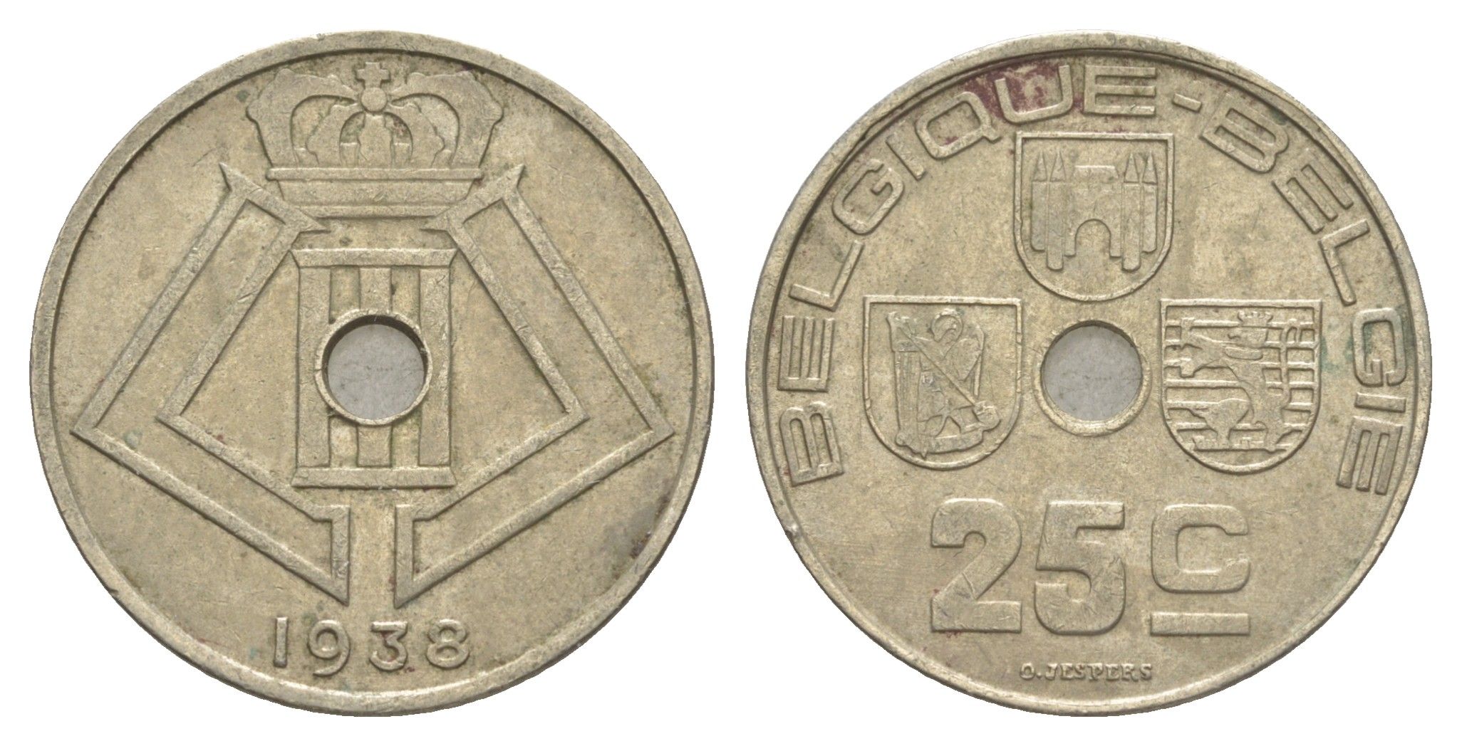 Бельгия 25 сантимов 1938 Belgique - Belgie, Леопольд III (1934-1947) KM 114 никель латунь 4619-833