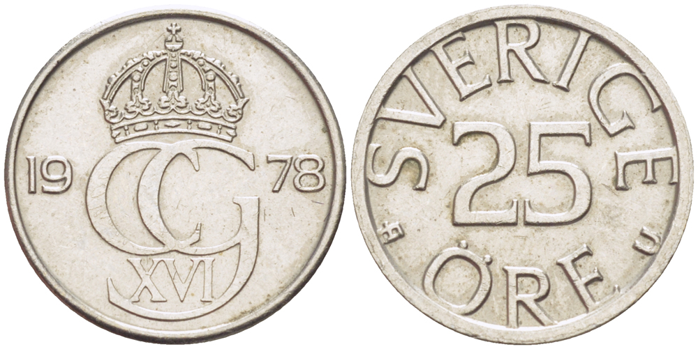 Швеция 25 эре 1978 U, Карл XVI Густав (1973- ) KM 851 медно-никель 4181-1248