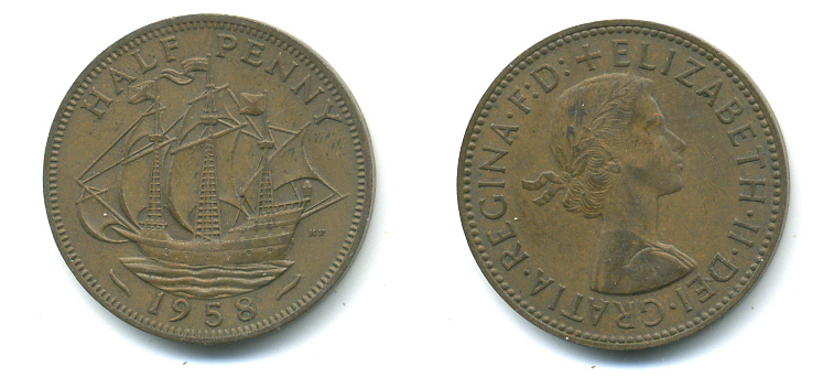 Великобритания 1/2 пенни 1958 Елизавета II (1952-2022) KM 896, Spink 4158 бронза 89-451