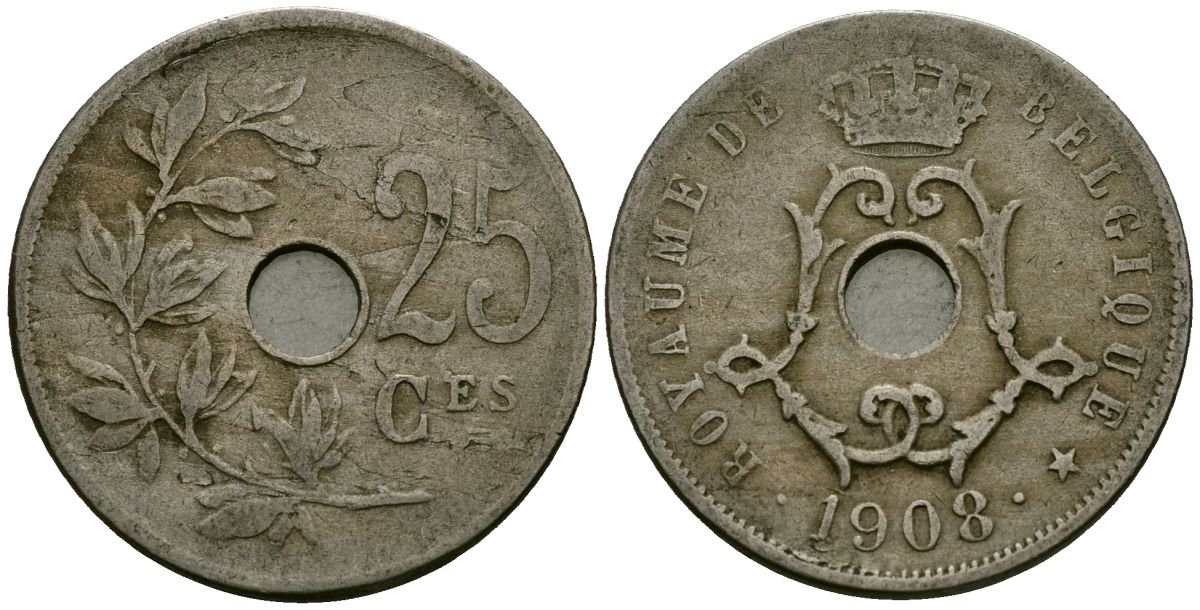 Бельгия 25 сантимов 1908 Belgique KM 62 медно-никель 4168-1144