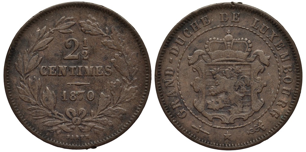 ЛЮКСЕМБУРГ 2 1/2 САНТИМА 1870 u, ГЕРЦОГ ВИЛЛЕМ III НИДЕРЛАНДСКИЙ (1849-1890), МОНДВОР УТРЕХТ, БЕЗ ТОЧКИ КМ 21 бронза 4538-751