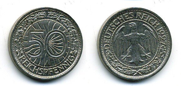 Германия 50 рейхспфеннигов 1927 A KM 49, J. 324 никель 58-135