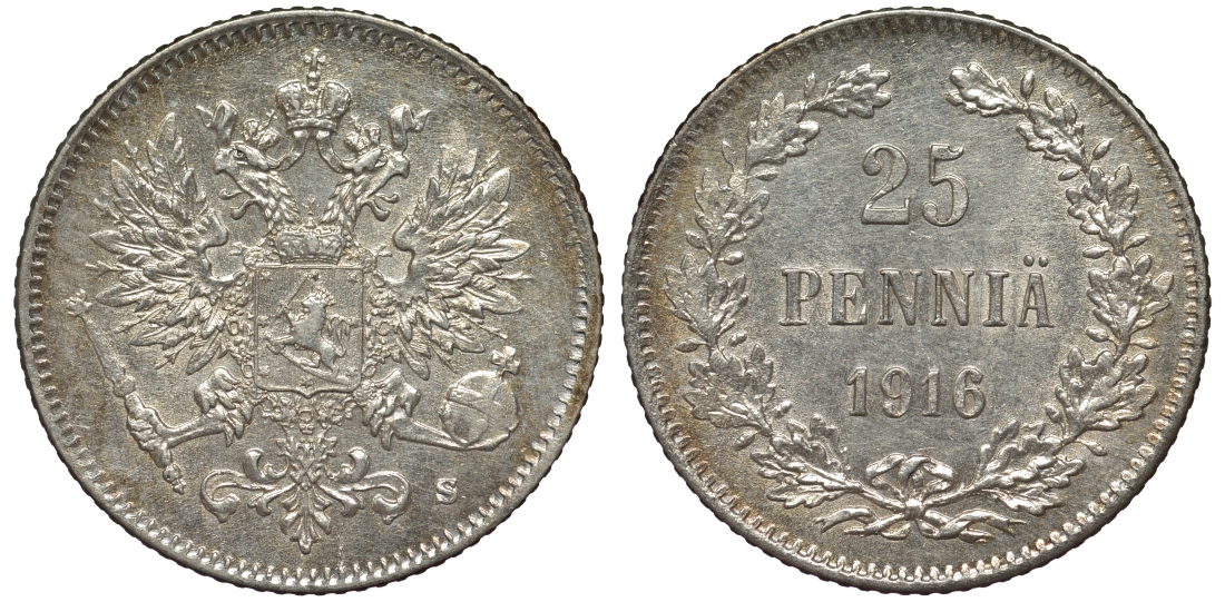 Россия для Финляндии 25 пенни 1916 S, Николай II (1894-1917) KM 6.2, Биткин 421 серебро 75-1245