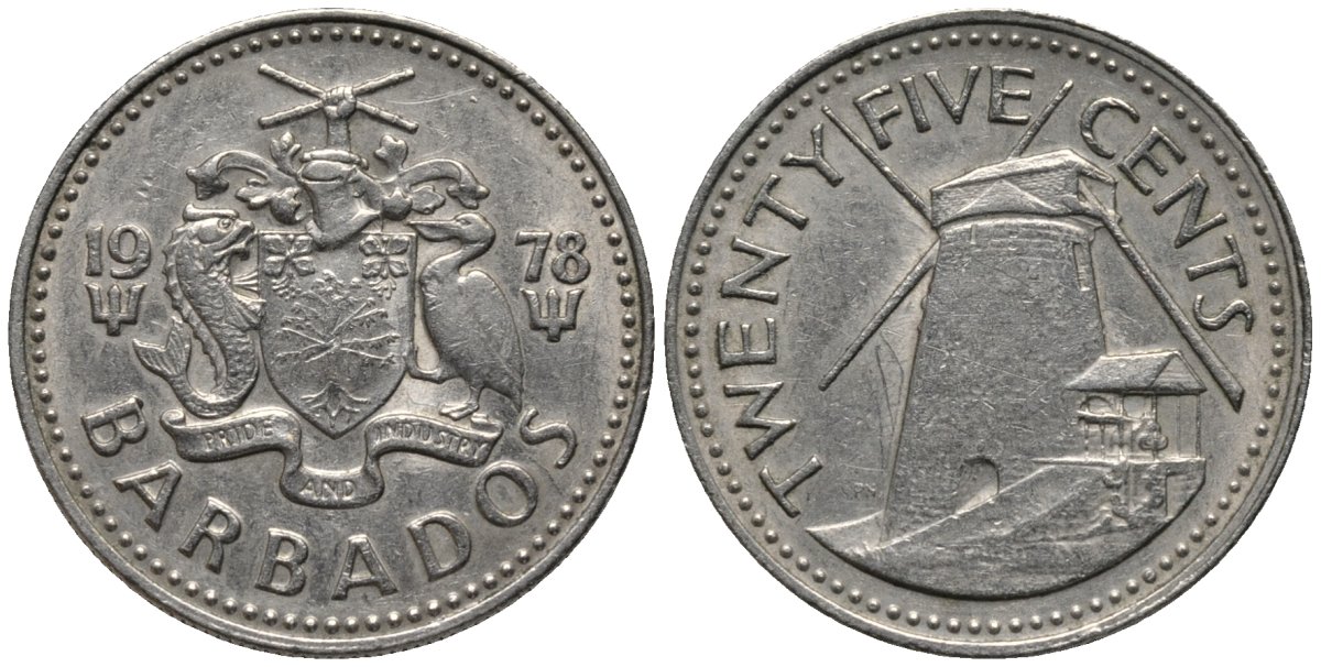 Барбадос 25 центов 1978 ветряная мельница Моргана Льюиса KM 13 медно-никель 4577-1151