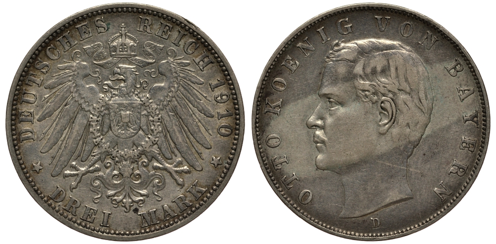 Бавария 3 марки 1910 Отто (1886-1913) Weege 45, J. 47, KM 515 серебро 3711-1621