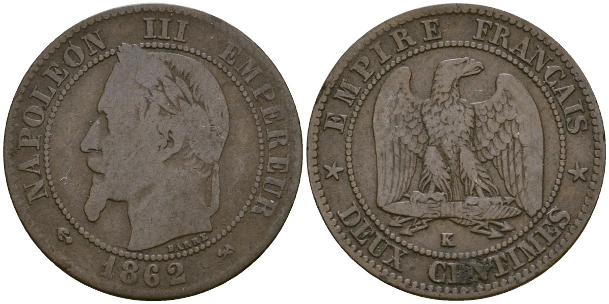 Франция 2 сантима 1862 K - Бордо, Наполеон III (1852 - 1870) KM 796 бронза 4124-168