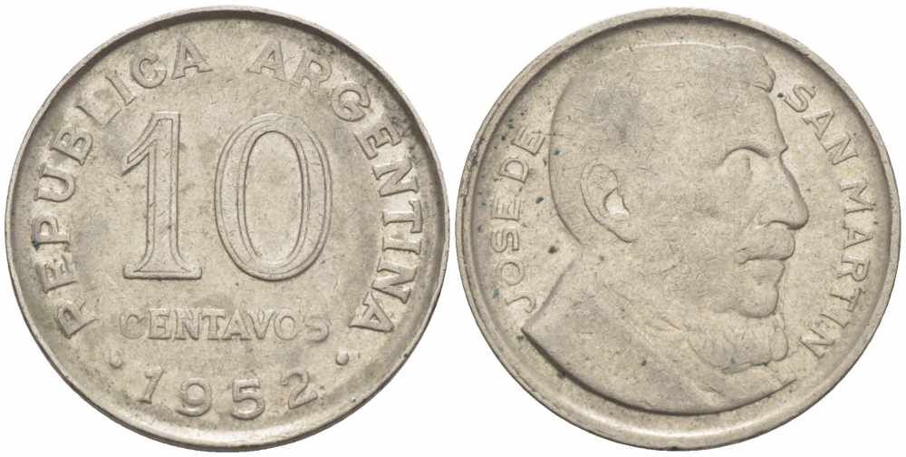 Аргентина 10 сентаво 1952 генерал Хосе де Сан Мартин KM 47а сталь плакированная никелем 105-555