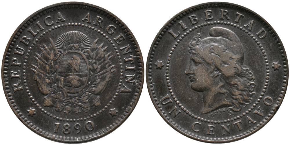 Аргентина 1 сентаво 1890 голова свободы влево KM 7 бронза 4525-1032