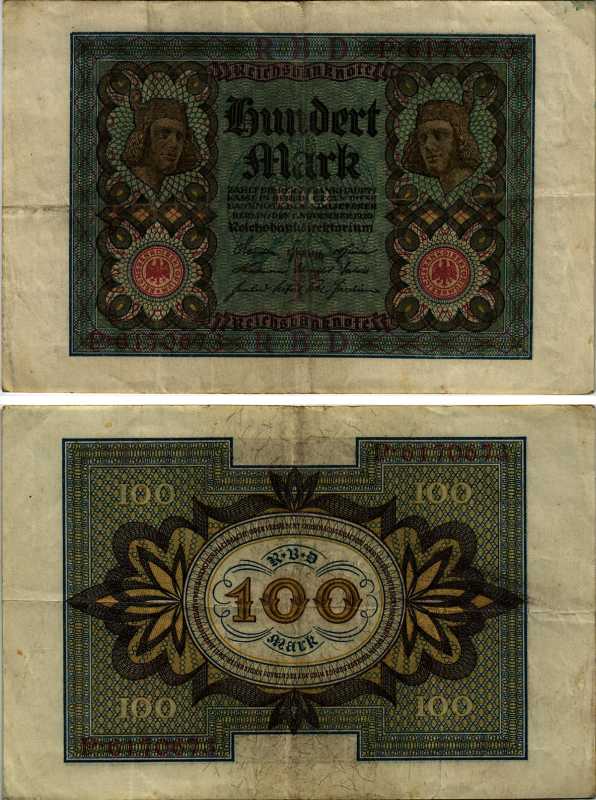 ГЕРМАНИЯ 100 МАРОК 1920 1 НОЯБРЯ 1920, БУКВА F, СЕМЬ ЦИФР В НОМЕРЕ Pick 69а бумага 6318-18-1-2