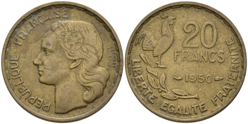 Франция 20 франков 1950 петух, полная подпись, 4 пера KM 916.1, Le Franc 401.3 алюминиевая бронза 4391-1132