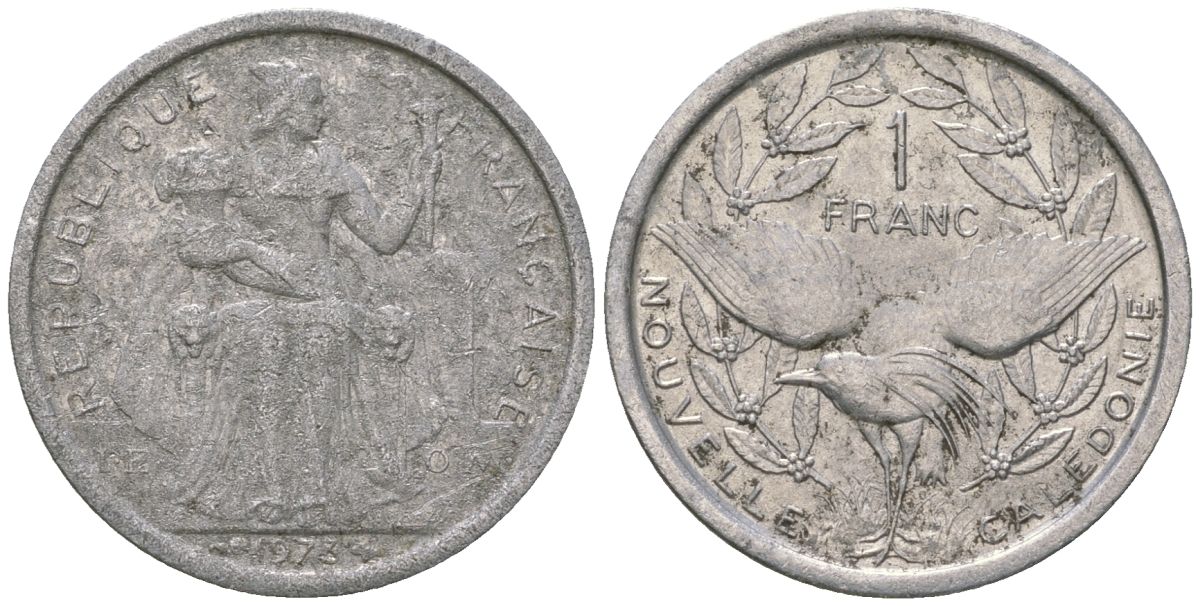 Французская Новая Каледония 1 франк 1972 птица кагу, (IEOM) KM 10, Schoen 10, Lec 38 алюминий    51-442