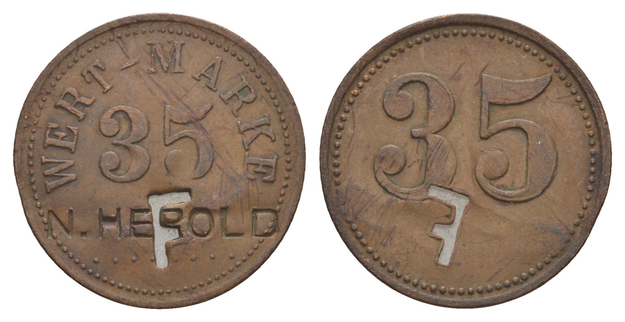 Германия игровой жетон 35 пфеннигов ND с отметкой F бронза 4638-214