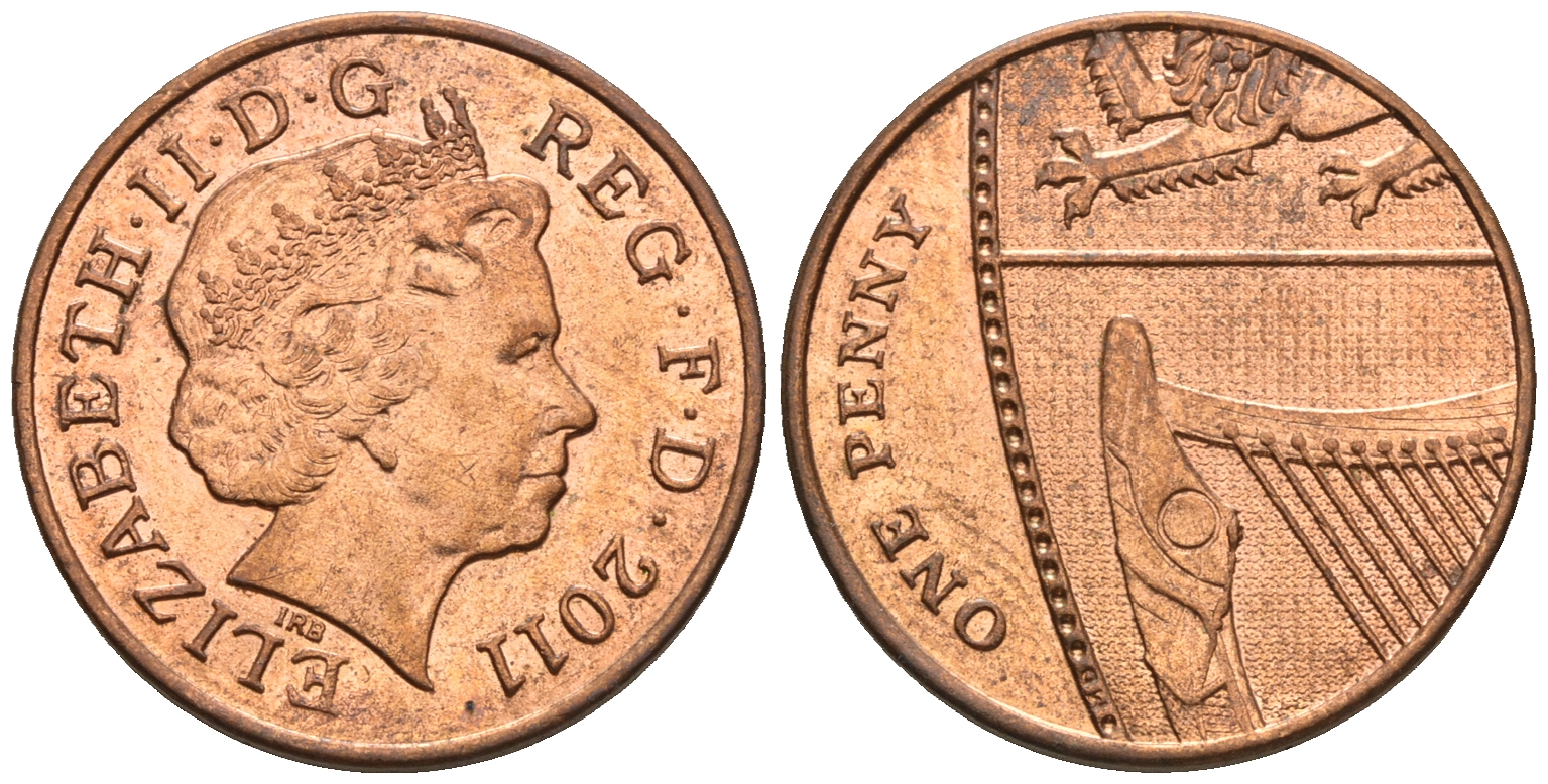 Великобритания 1 пенни 2011 Елизавета II (1952-2022) KM 1107, Spink B6 сталь плакированная медью 177-733