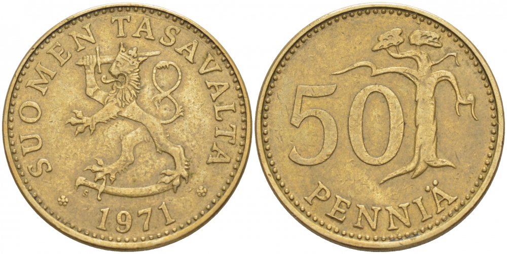 ФИНЛЯНДИЯ 50 ПЕННИ 1971 S KM 48 алюминиевая бронза 3457-925