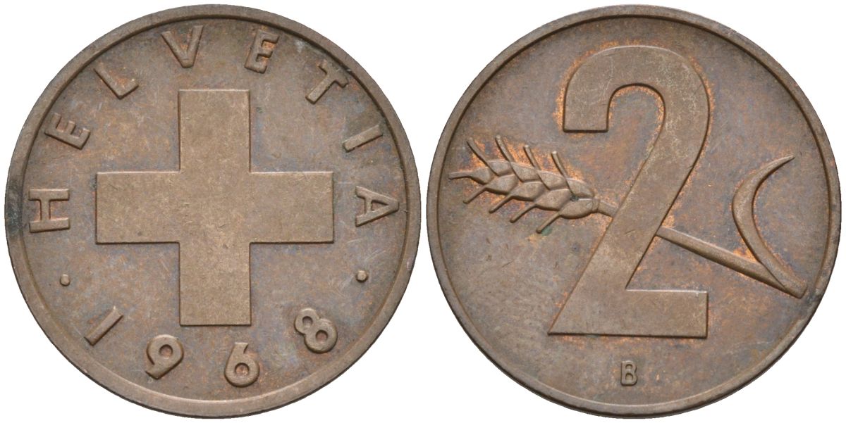 Швейцария 2 раппена 1968 В KM 47 бронза 4582-1056