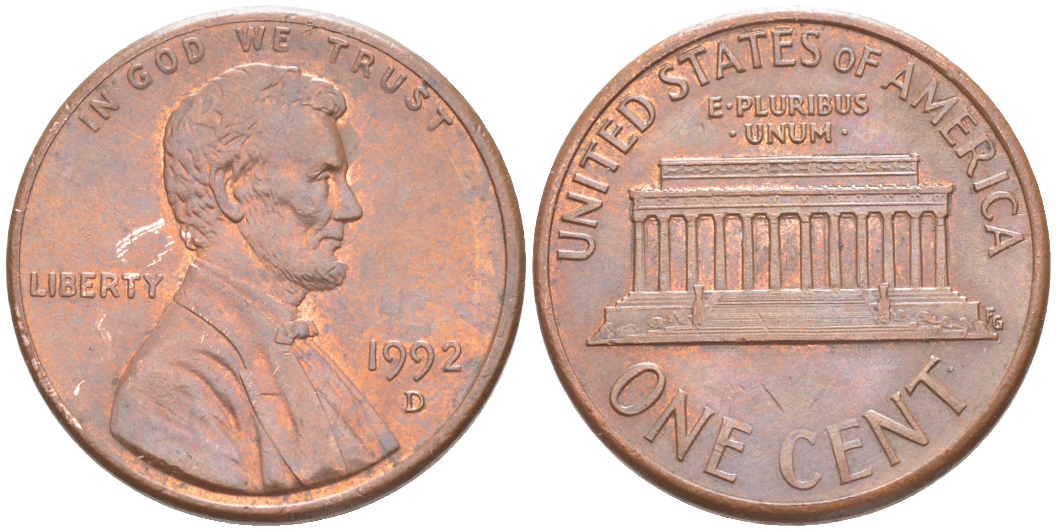 США 1 ЦЕНТ 1992 D, ЛИНКОЛЬН KM 201b цинк плакированный медью UNC 187-663