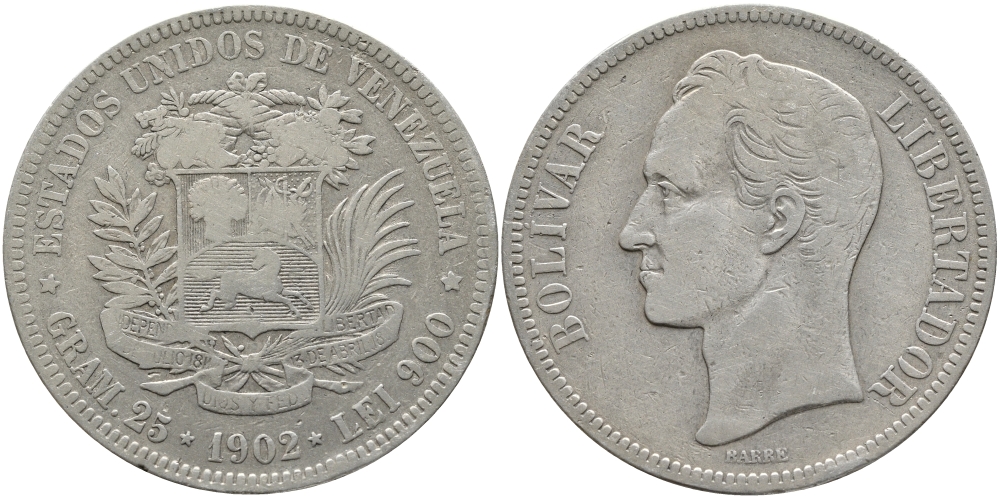 Венесуэла 5 боливаров 1902 Симон Боливар KM 24.2 серебро 1525-1145