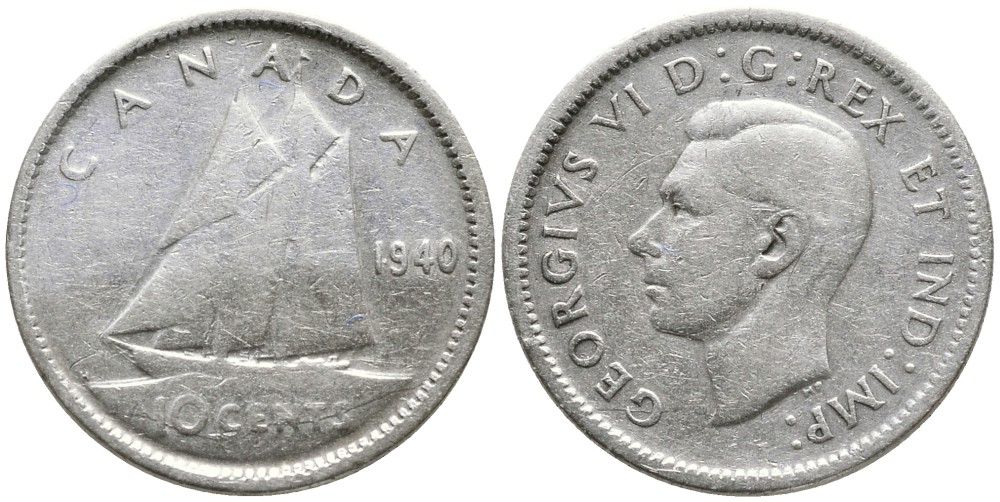 Канада 10 центов 1940 ГЕОРГ VI (1937-1952), ПАРУСНИК KM 34 серебро 4532-738