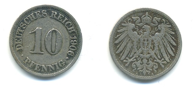 ГЕРМАНИЯ 10 ПФЕННИГОВ 1906 A KM 12, J. 13 медно-никель 4379-836