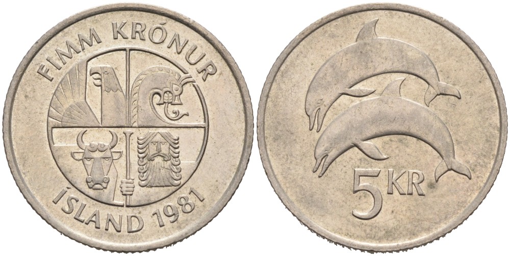 Исландия 5 крон 1981 дельфины KM 28 медно-никель 4556-1013