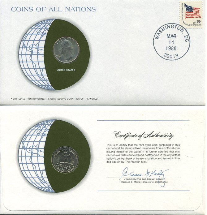 США 25 ЦЕНТОВ = КВОТЕР 1979 монета в конверте с маркой и спецгашением, ВАШИНГТОН UNC 4294-11-1
