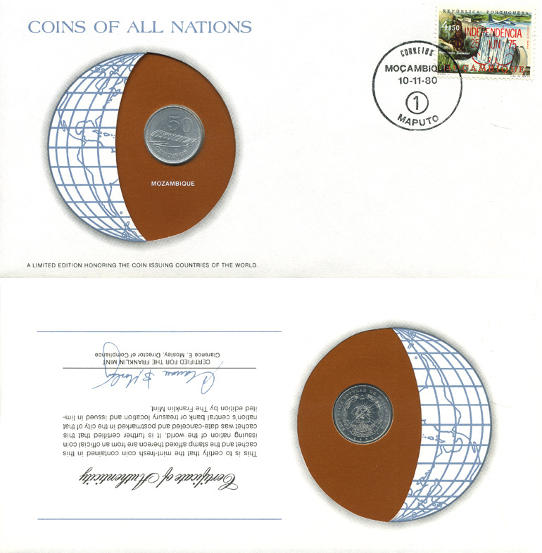 Мозамбик 50 сентаво 1980 конверт с маркой первого дня гашения, Coins of Nations KM 98 алюминий UNC 4294-68-3
