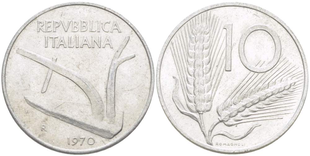 ИТАЛИЯ 10 ЛИР 1970 R, КОЛОСЬЯ, ПЛУГ KM 93 алюминий 4513-646