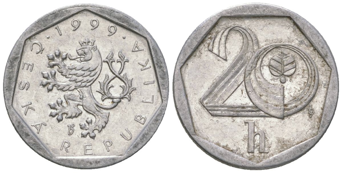 Чехия 20 геллеров 1999 b’ KM 2.3 алюминий aUNC 4532-1228