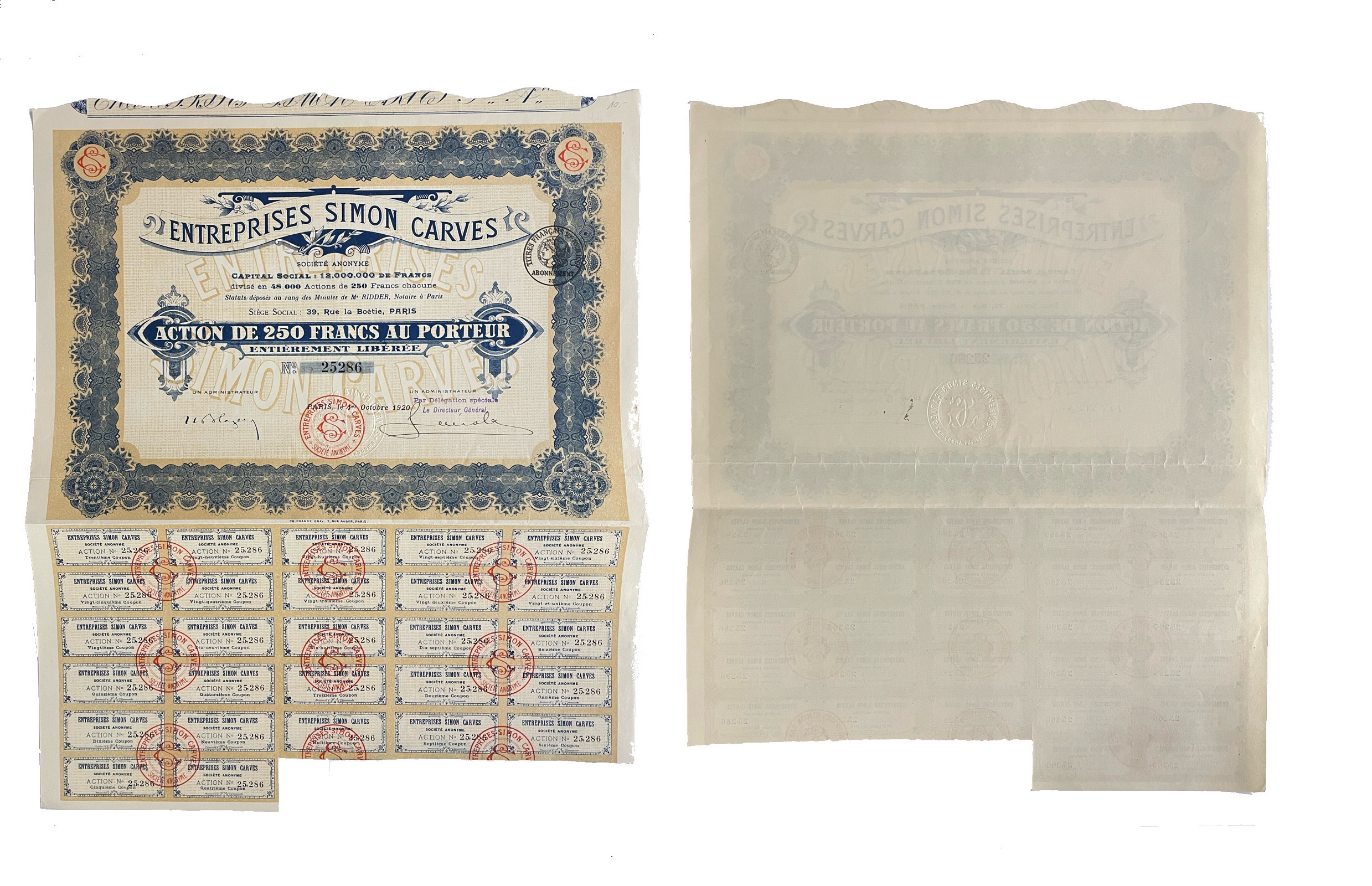Франция, Simon Carves акция в 250 франков 1920 27 купонов бумага 48-85-1-2