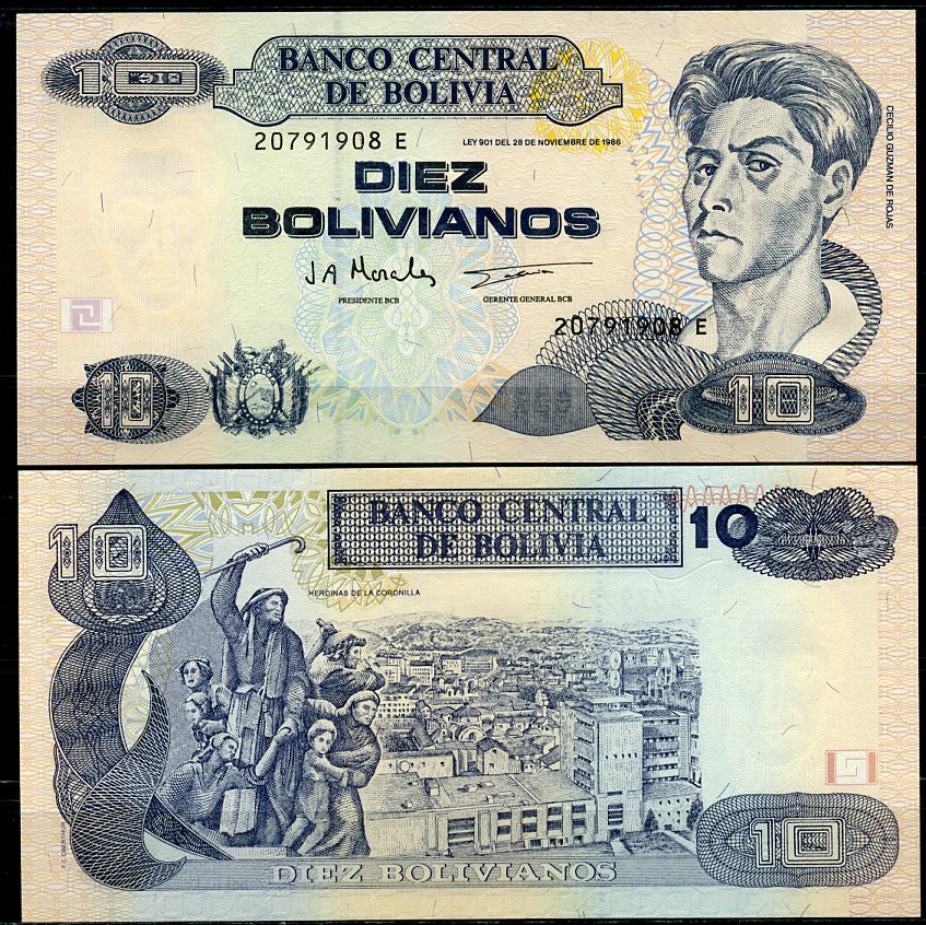 Боливия 10 боливиано 1986 (1987-2001) серия E, Сесилио Гусман де Рохас Pick 204 c  бумага  UNC (пресс) 7202-6-2