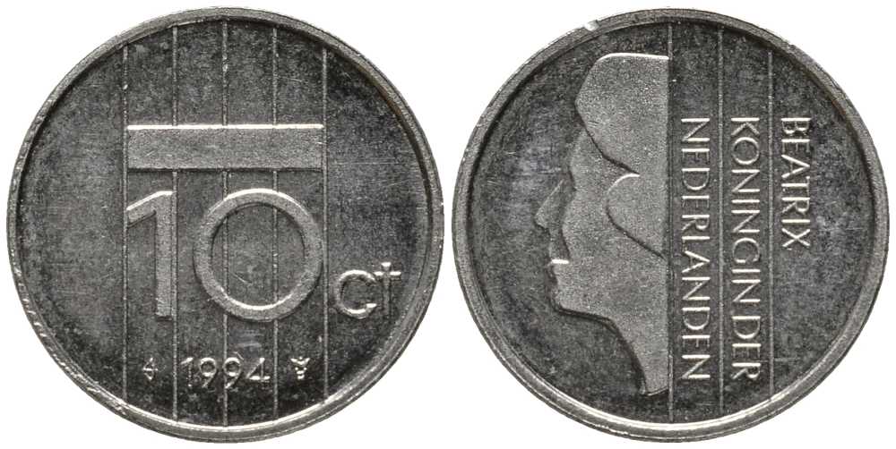 НИДЕРЛАНДЫ 10 ЦЕНТОВ 1994 БЕАТРИКС KM 203 никель 112-744