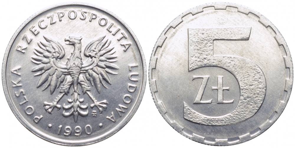 ПОЛЬША 5 ЗЛОТЫХ 1990 MW KM 81.3 алюминий UNC 105-1244