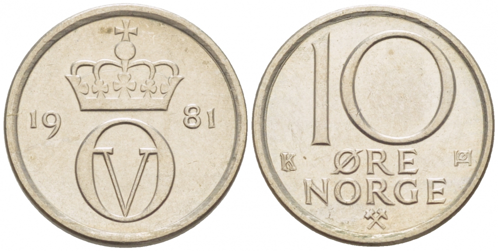Норвегия 10 эре 1981 Улаф V (1958-1991) KM 416 медно-никель 3955-251