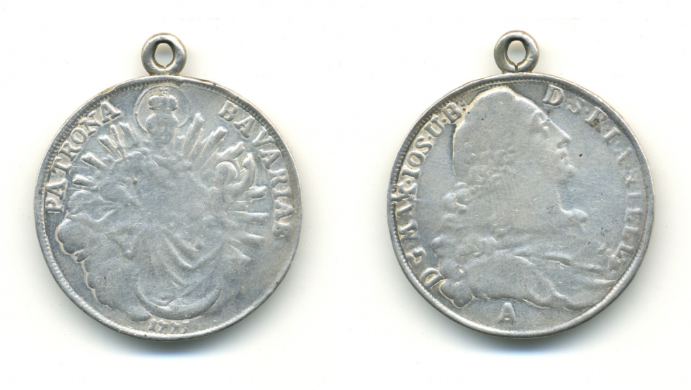 Бавария 1 талер 1775 А, Максимилиан III Иосиф (1745-1777), мадонна, на подвеске КМ 234.2, Dav. 1954 серебро 11-208-42